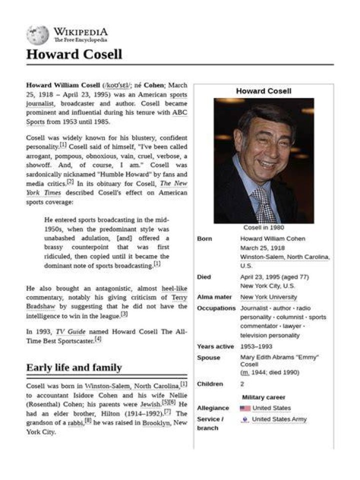 Howard Cosell - Trivia, Family, Bio